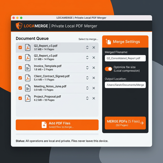 Offline PDF Merger Privacy Tool UI